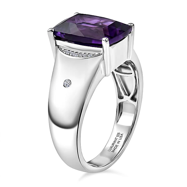 Premium Lusaka Amethyst And Luxuriant Lab Grown Diamond G-H SI 7.00 Ctw Men's Ring In Rhodium Over Sterling Silver