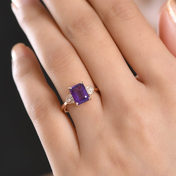 Premium Lusaka Amethyst And Luxuriant Lab Grown Pink Diamond E-F VS 2.40 Ctw Elegant Heart Ring In 18K Vermeil Rose Gold Over Sterling Silver