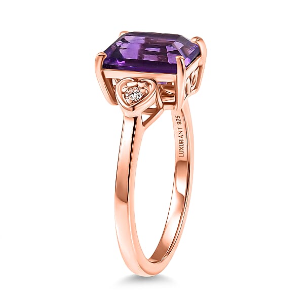 Premium Lusaka Amethyst And Luxuriant Lab Grown Pink Diamond E-F VS 2.40 Ctw Elegant Heart Ring In 18K Vermeil Rose Gold Over Sterling Silver