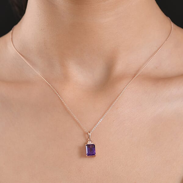 Premium Lusaka Amethyst And Luxuriant Lab Grown Pink Diamond E-F VS 2.40 Ctw Elegant Heart Pendant Necklace In 18K Vermeil Rose Gold Over Sterling Silver 20 Inches