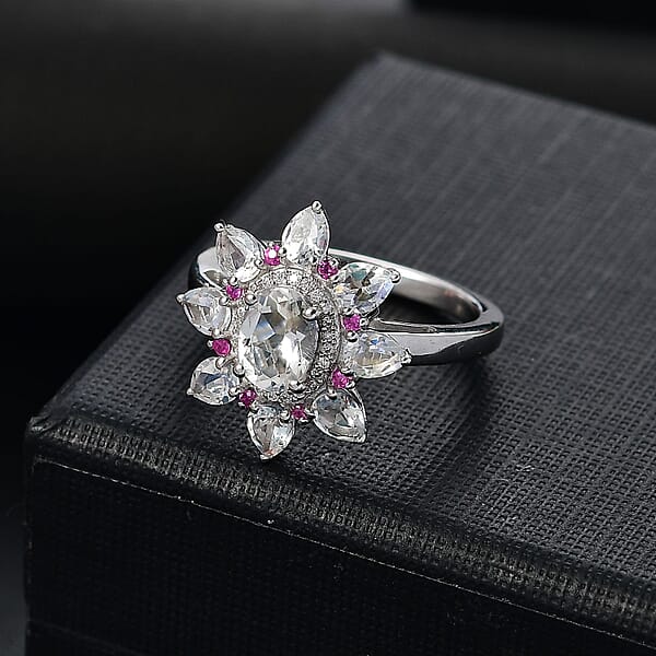 Premium Malagasy Moonstone And Multi Gemstone 2.40 Ctw Floral Ring In Rhodium Over Sterling Silver (Del. In 8-10 Days)