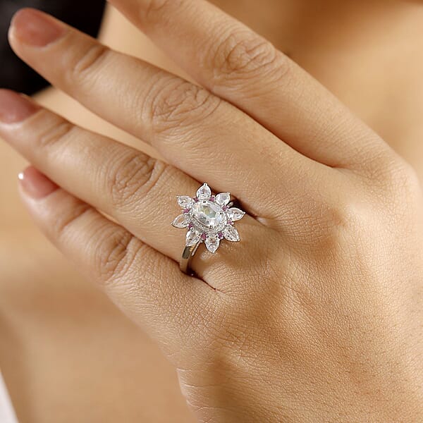 Premium Malagasy Moonstone And Multi Gemstone 2.40 Ctw Floral Ring In Rhodium Over Sterling Silver (Del. In 8-10 Days)