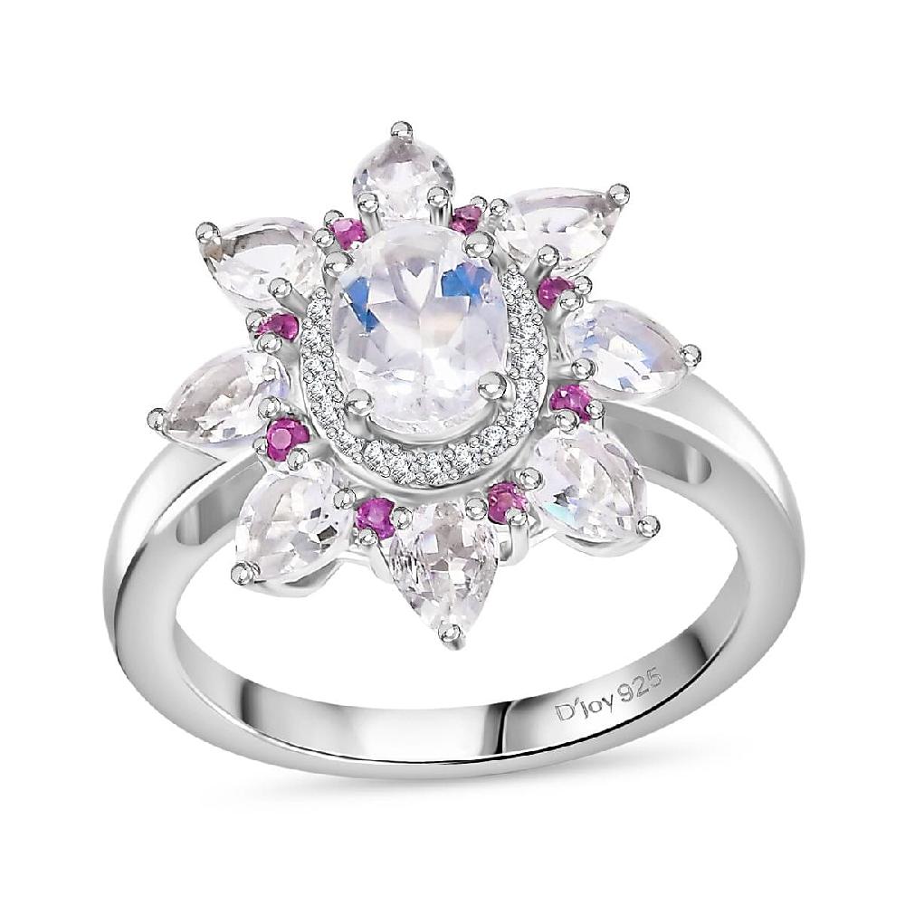 Premium Malagasy Moonstone and Multi Gemstone 2.40 ctw Floral Ring in Rhodium Over Sterling Silver (Del. in 8-10 Days)