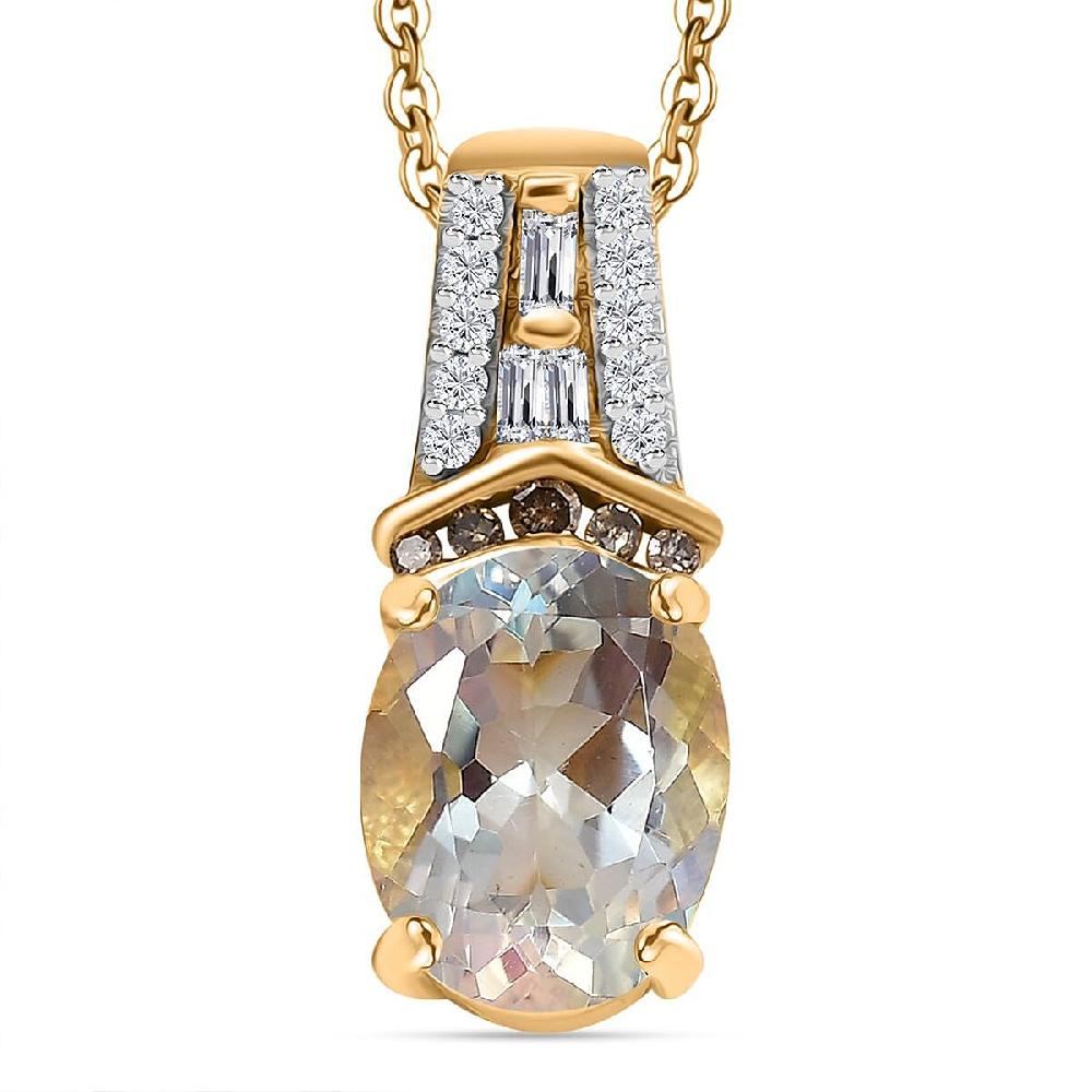 Premium Malagasy Moonstone Natural Champagne and White Diamond 2.00 ctw Pendant Necklace in 18K Vermeil Yellow Gold Over Sterling Silver 20 Inches
