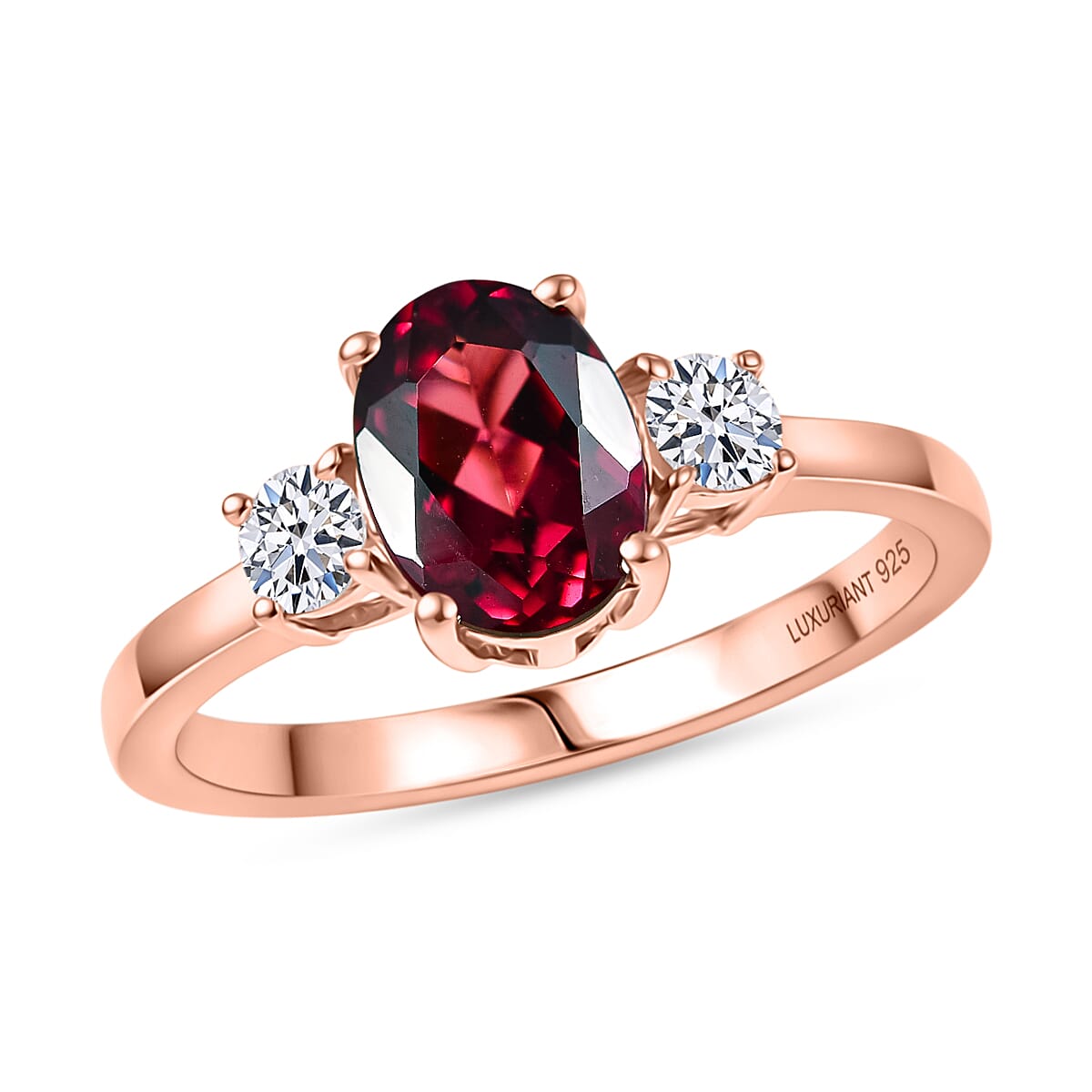 Premium Malawi Magenta Garnet and Luxuriant Lab Grown Diamond G-H SI 1.70 ctw Solace Ring in 18K Vermeil Rose Gold Over Sterling Silver