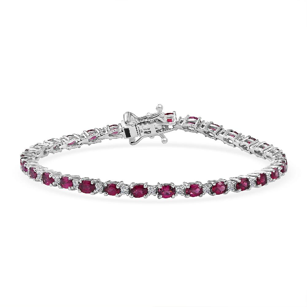 Premium Malawi Magenta Garnet and Luxuriant Lab Grown Diamond G-H SI 7.30 ctw Moonlit Line Bracelet in Rhodium Over Sterling Silver (7.25 In)