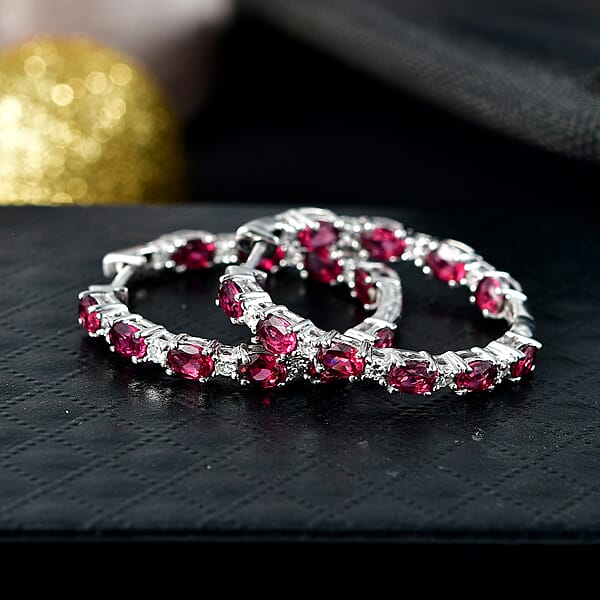 Premium Malawi Magenta Garnet And Luxuriant Lab Grown Diamond G-H SI 4.90 Ctw Moonlit Spark Earrings In Rhodium Over Sterling Silver