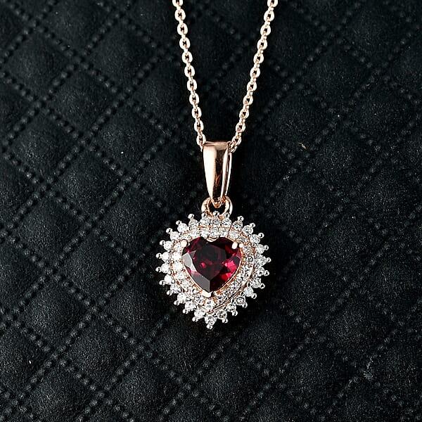 Premium Malawi Magenta Garnet Luxuriant Lab Grown Diamond G-H SI 1.00 Ctw Crown Affair Pendant Necklace In 18K Vermeil Rose Gold Over Sterling Silver 20 Inches