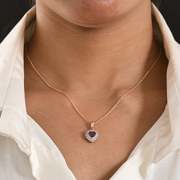 Premium Malawi Magenta Garnet Luxuriant Lab Grown Diamond G-H SI 1.00 Ctw Crown Affair Pendant Necklace In 18K Vermeil Rose Gold Over Sterling Silver 20 Inches