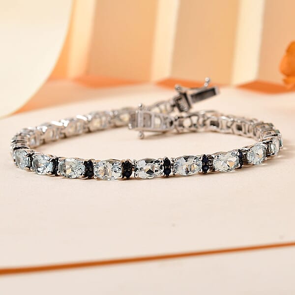 Premium Mangoro Aquamarine And Kanchanaburi Blue Sapphire Tennis Bracelet In Platinum Over Sterling Silver (7.25 In) 10.65 Ctw