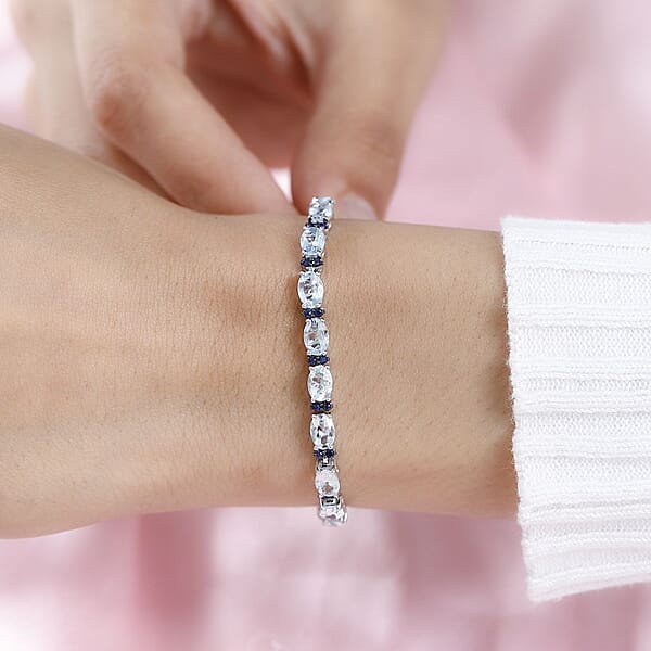 Premium Mangoro Aquamarine And Kanchanaburi Blue Sapphire Tennis Bracelet In Platinum Over Sterling Silver (7.25 In) 10.65 Ctw