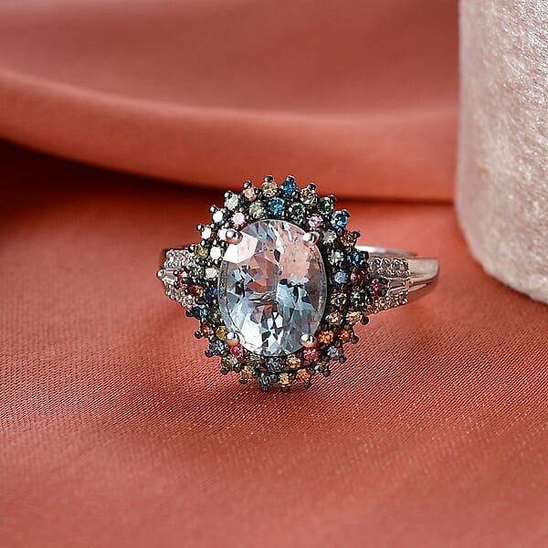 Premium Mangoro Aquamarine And Luxuriant Lab Grown Multi Diamond SI 2.75 Ctw Floral Fiesta Ring In Rhodium Over Sterling Silver (Del. In 5-7 Days)
