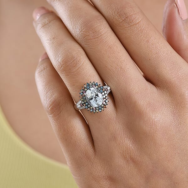 Premium Mangoro Aquamarine And Luxuriant Lab Grown Multi Diamond SI 2.75 Ctw Floral Fiesta Ring In Rhodium Over Sterling Silver (Del. In 5-7 Days)