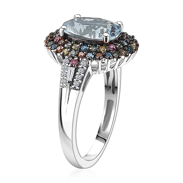 Premium Mangoro Aquamarine And Luxuriant Lab Grown Multi Diamond SI 2.75 Ctw Floral Fiesta Ring In Rhodium Over Sterling Silver (Del. In 5-7 Days)