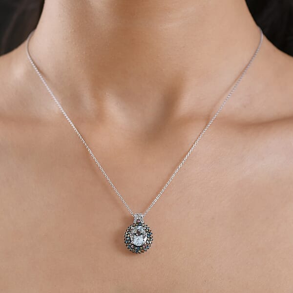 Premium Mangoro Aquamarine And Luxuriant Lab Grown Multi Diamond SI 2.65 Ctw Floral Fiesta Pendant Necklace In Rhodium Over Sterling Silver 20 Inches (Del. In 5-7 Days)