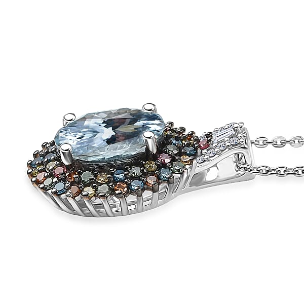 Premium Mangoro Aquamarine And Luxuriant Lab Grown Multi Diamond SI 2.65 Ctw Floral Fiesta Pendant Necklace In Rhodium Over Sterling Silver 20 Inches (Del. In 5-7 Days)