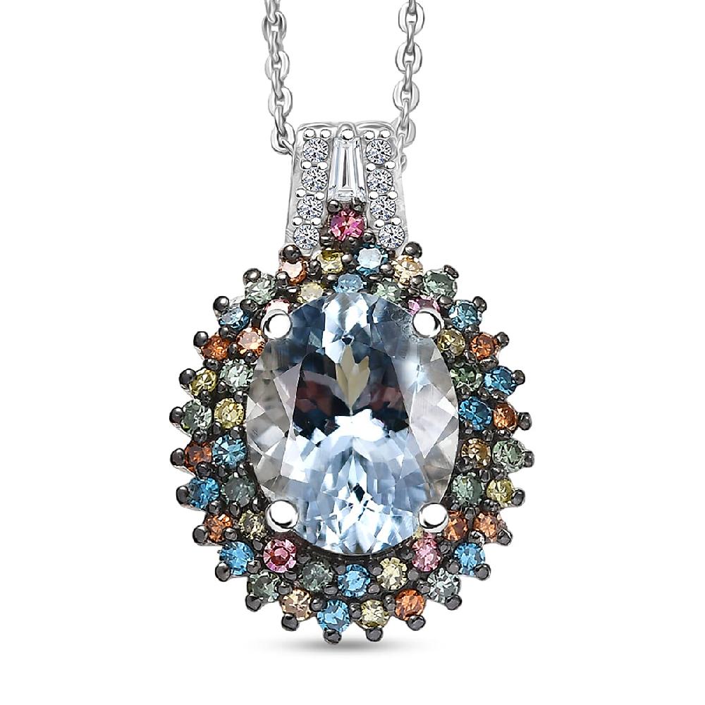 Premium Mangoro Aquamarine and Luxuriant Lab Grown Multi Diamond SI 2.65 ctw Floral Fiesta Pendant Necklace in Rhodium Over Sterling Silver 20 Inches (Del. in 5-7 Days)