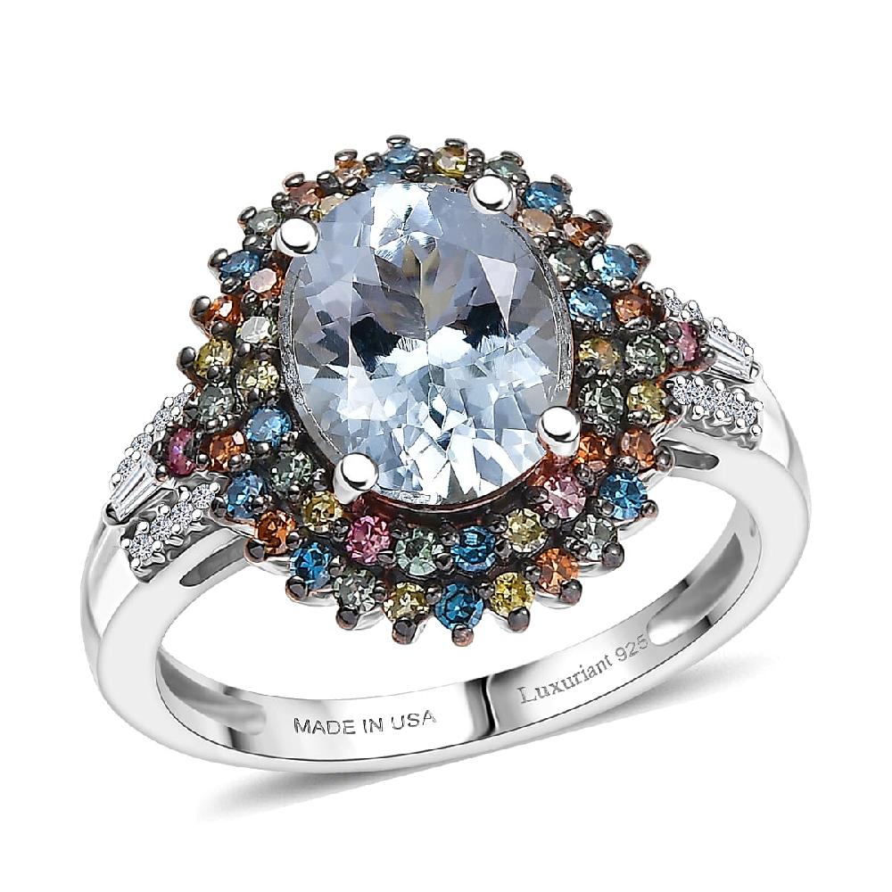 Premium Mangoro Aquamarine and Luxuriant Lab Grown Multi Diamond SI 2.75 ctw Floral Fiesta Ring in Rhodium Over Sterling Silver (Del. in 5-7 Days)
