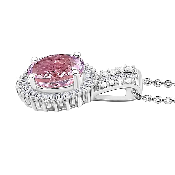 Premium Martha Rocha Kunzite And Diamond Halo Pendant Necklace In Rhodium Over Sterling Silver 20 Inches 1.73 Ctw (Del. In 10-12 Days)