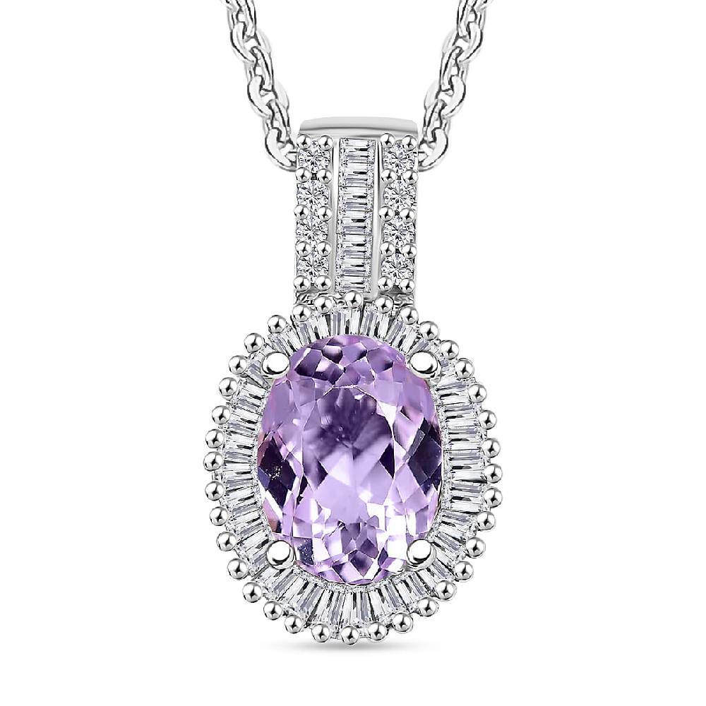 Premium Martha Rocha Kunzite and Diamond Halo Pendant Necklace in Rhodium Over Sterling Silver 20 Inches 1.73 ctw (Del. in 10-12 Days)