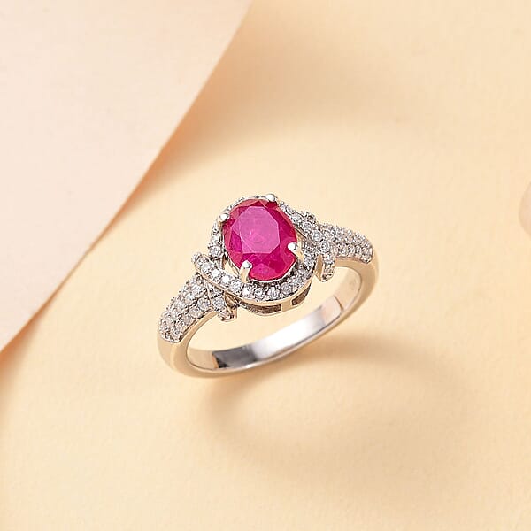 Premium Montepuez Ruby And Moissanite 2.25 Ctw Promise Ring In Rhodium Over Sterling Silver