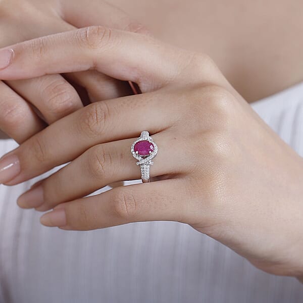 Premium Montepuez Ruby And Moissanite 2.25 Ctw Promise Ring In Rhodium Over Sterling Silver