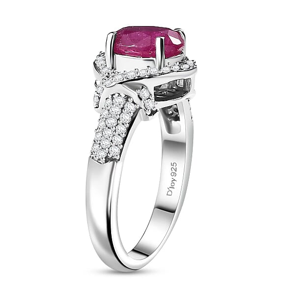 Premium Montepuez Ruby And Moissanite 2.25 Ctw Promise Ring In Rhodium Over Sterling Silver