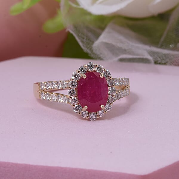 Premium Mozambique Ruby And Luxuriant Lab Grown Diamond G-H SI 2.50 Ctw Ring In 10K Yellow Gold