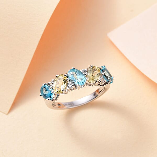 Premium Multi Color Apatite And White Zircon 2.65 Ctw Art Deco Ring In Rhodium Over Sterling Silver