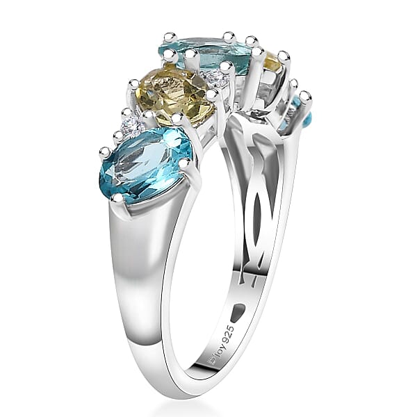 Premium Multi Color Apatite And White Zircon 2.65 Ctw Art Deco Ring In Rhodium Over Sterling Silver