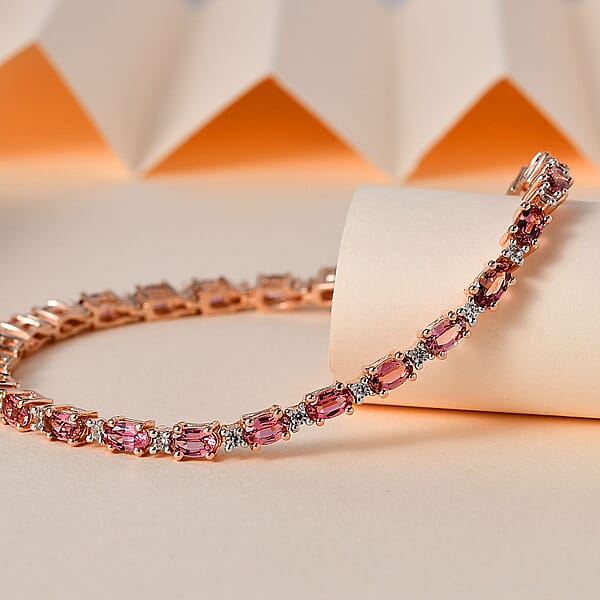 Premium Natural Calabar Pink Tourmaline And White Zircon Bracelet In Vermeil Rose Gold Over Sterling Silver (7.25 In) 6.75 Ctw