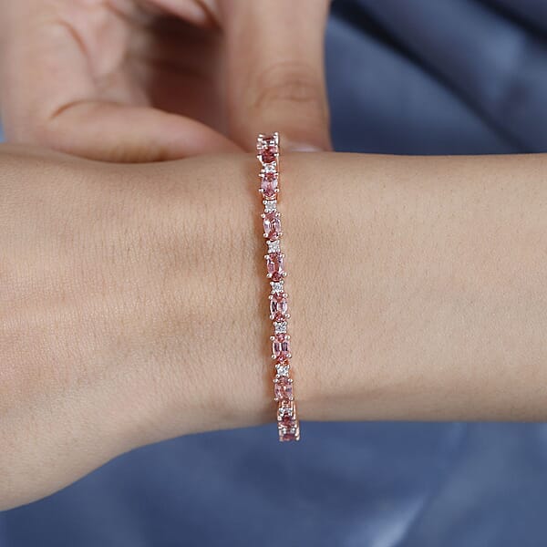 Premium Natural Calabar Pink Tourmaline And White Zircon Bracelet In Vermeil Rose Gold Over Sterling Silver (7.25 In) 6.75 Ctw