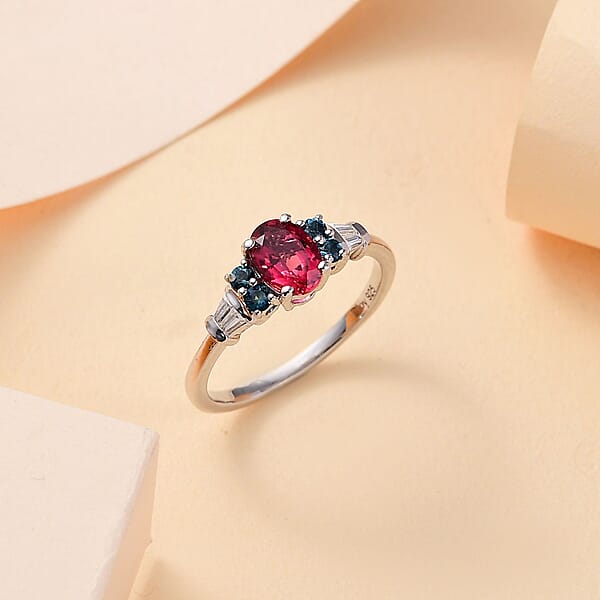 Premium Ouro Fino Rubellite Indicolite And Moissanite 1.15 Ctw Eternal Love Ring In Rhodium Over Sterling Silver