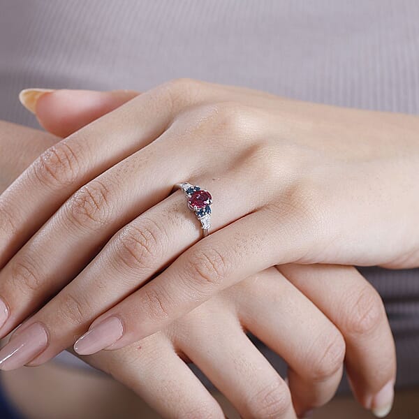 Premium Ouro Fino Rubellite Indicolite And Moissanite 1.15 Ctw Eternal Love Ring In Rhodium Over Sterling Silver