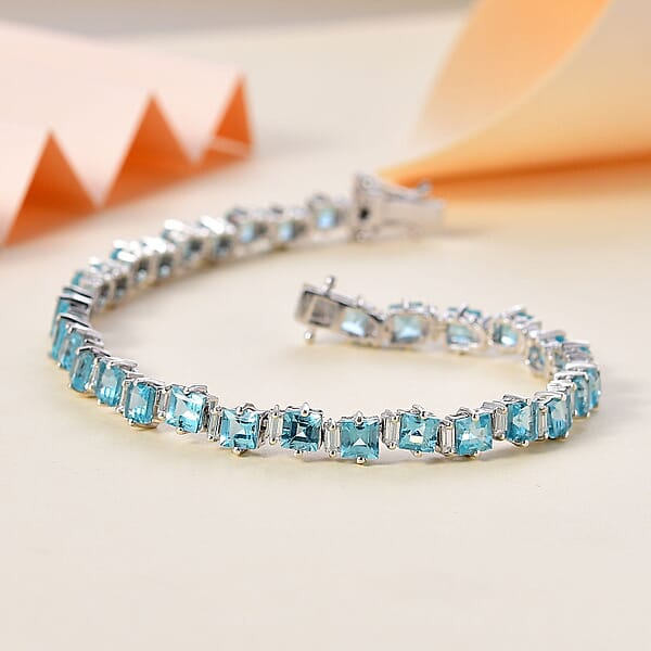 Premium Paraiba Apatite And Moissanite Ocean Wave Bracelet In Rhodium Over Sterling Silver (8.00 In) 13.50 Ctw