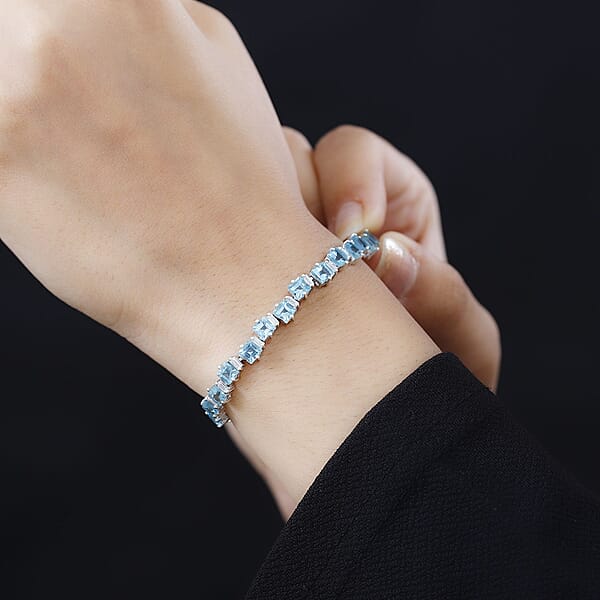 Premium Paraiba Apatite And Moissanite Ocean Wave Bracelet In Rhodium Over Sterling Silver (8.00 In) 13.50 Ctw