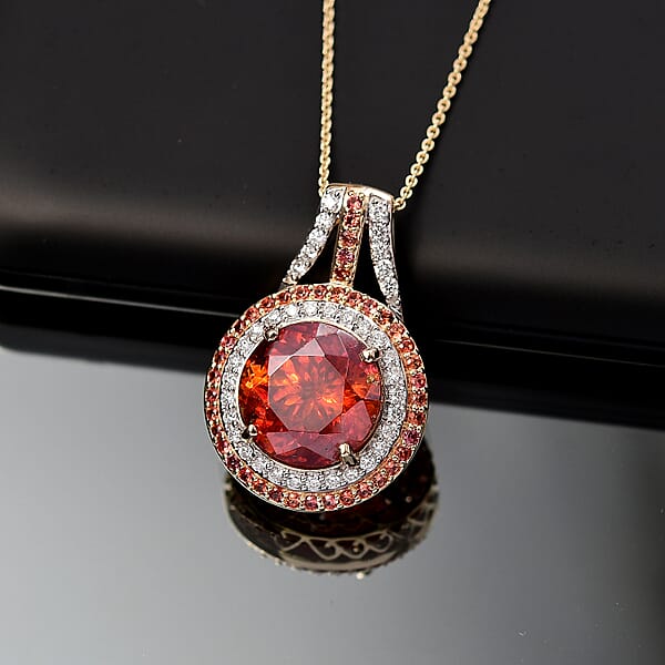 Premium Picos Altos Sphalerite AAA Padparadscha Sapphire Luxuriant Lab Grown Diamond 13.10 Ctw Inferno Royale Pendant Necklace 20 Inches In 10K Yellow Gold 5.80 Grams