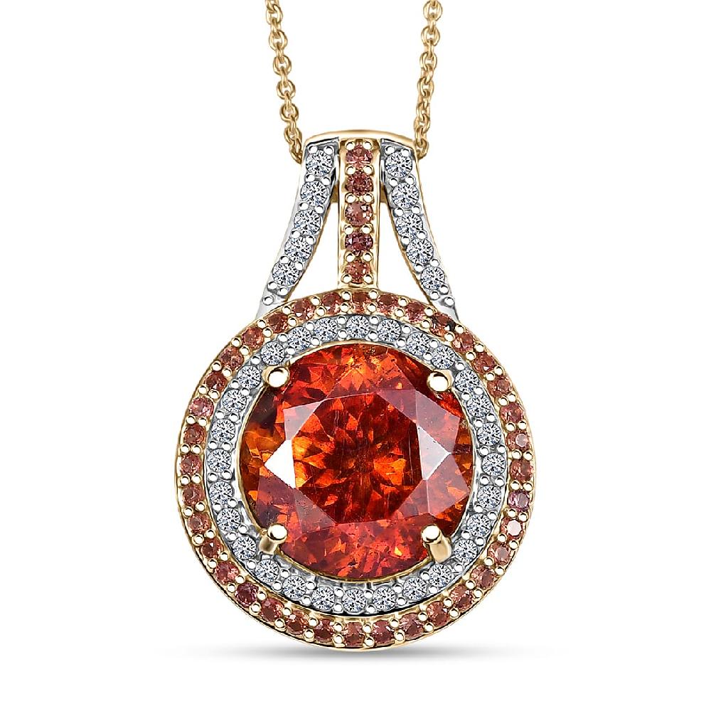 Premium Picos Altos Sphalerite AAA Padparadscha Sapphire Luxuriant Lab Grown Diamond 13.10 ctw Inferno Royale Pendant Necklace 20 Inches in 10K Yellow Gold 5.80 Grams