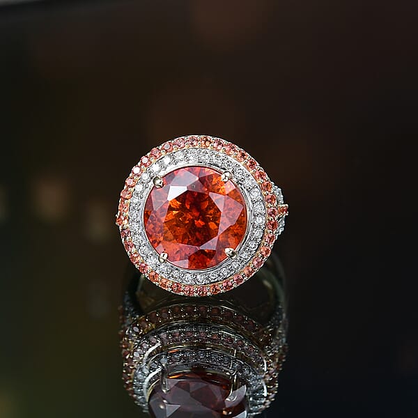 Premium Picos Altos Sphalerite Padparadscha Sapphire And G-H SI Luxuriant Lab Grown Diamond 13.10 Ctw Inferno Royale Ring In 10K Yellow Gold