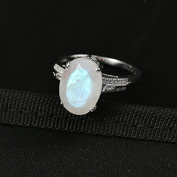 Premium Rainbow Moonstone Lab Grown Diamond Ring In Rhodium Over Sterling Silver 6.30 Ctw