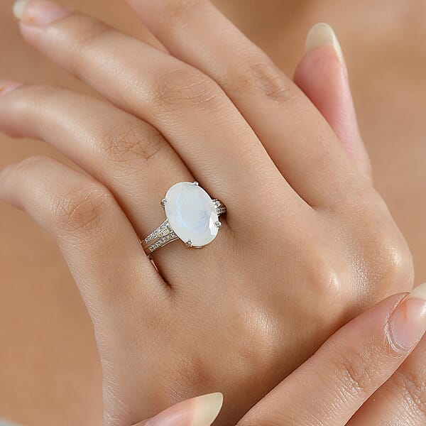 Premium Rainbow Moonstone Lab Grown Diamond Ring In Rhodium Over Sterling Silver 6.30 Ctw