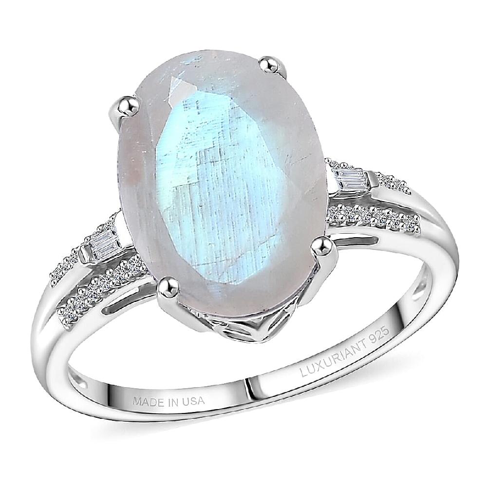 Premium Rainbow Moonstone Lab Grown Diamond Ring in Rhodium Over Sterling Silver 6.30 ctw