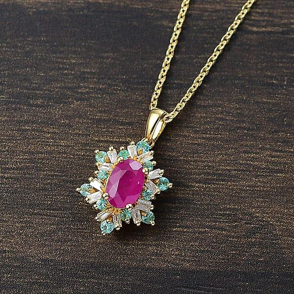Premium Royal Ruby AAA Paraiba Tourmaline And I3 Diamond 0.75 Ctw Sunburst Pendant Necklace In 18K Vermeil Yellow Gold Over Sterling Silver 20 Inches