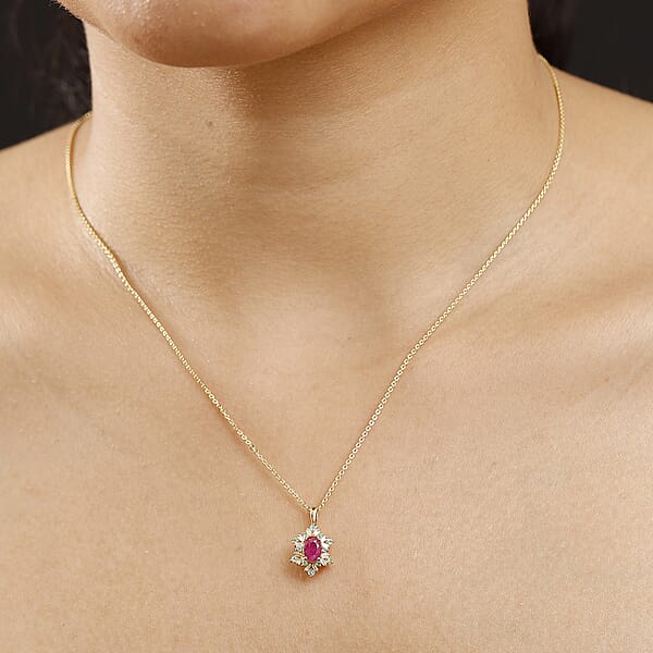 Premium Royal Ruby AAA Paraiba Tourmaline And I3 Diamond 0.75 Ctw Sunburst Pendant Necklace In 18K Vermeil Yellow Gold Over Sterling Silver 20 Inches