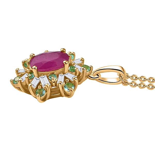 Premium Royal Ruby AAA Paraiba Tourmaline And I3 Diamond 0.75 Ctw Sunburst Pendant Necklace In 18K Vermeil Yellow Gold Over Sterling Silver 20 Inches