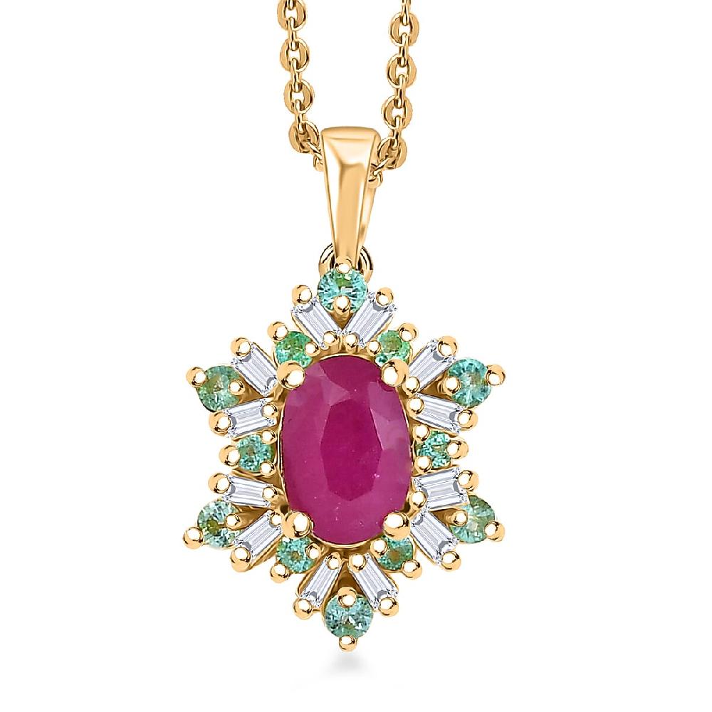 Premium Royal Ruby AAA Paraiba Tourmaline and I3 Diamond 0.75 ctw Sunburst Pendant Necklace in 18K Vermeil Yellow Gold Over Sterling Silver 20 Inches