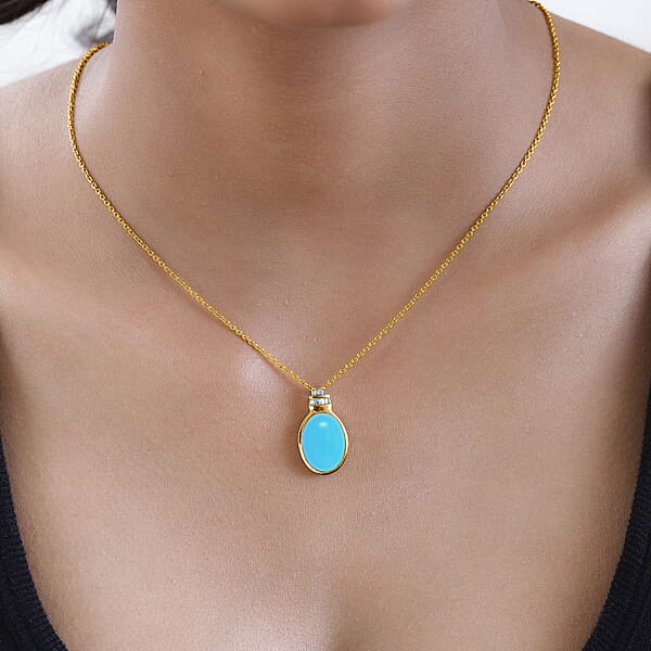 Premium Sleeping Beauty Turquoise And Diamond 6.85 Ctw Pendant Necklace 20 Inches In 18K Vermeil Yellow Gold Over Sterling Silver