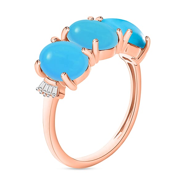 Premium Sleeping Beauty Turquoise And G-H I2 Diamond 5.47 Ctw 3 Stone Ring In 14K Rose Gold (Del. In 10-12 Days)
