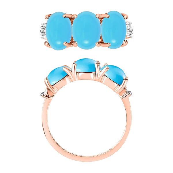 Premium Sleeping Beauty Turquoise And G-H I2 Diamond 5.47 Ctw 3 Stone Ring In 14K Rose Gold (Del. In 10-12 Days)