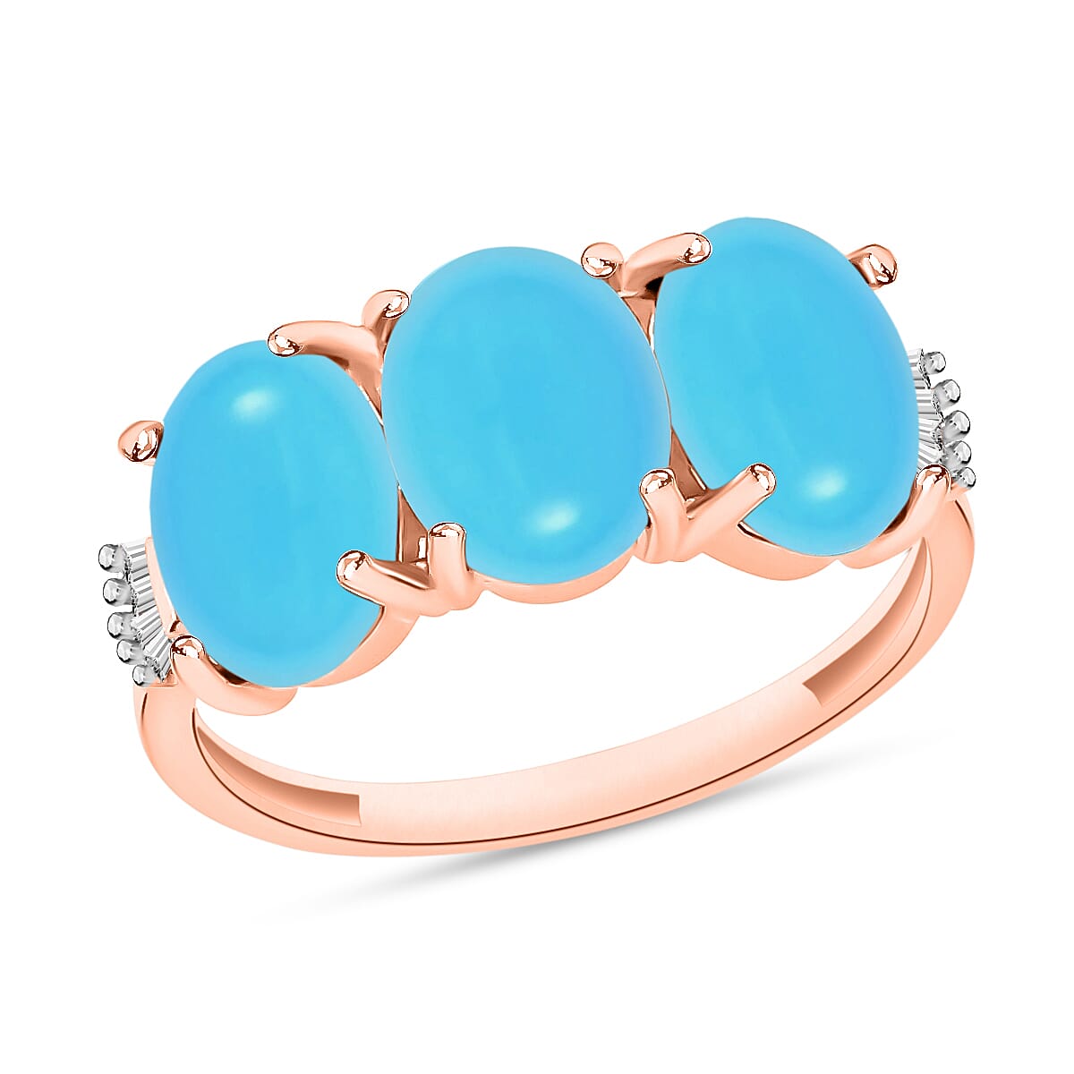 Premium Sleeping Beauty Turquoise and G-H I2 Diamond 5.47 ctw 3 Stone Ring in 14K Rose Gold (Del. in 10-12 Days)